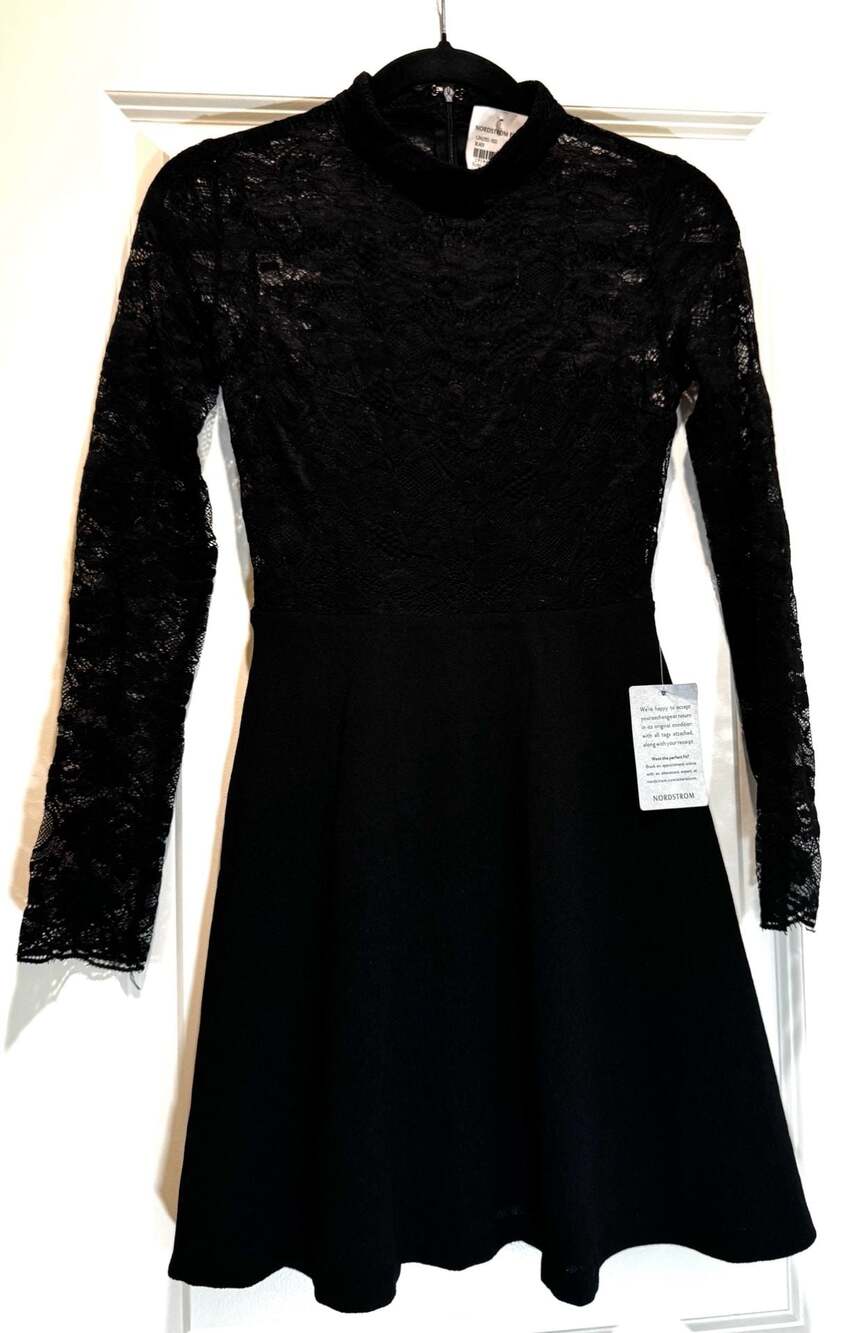 Lush Black Long Sleeve Mock Neck Lace Top Fit and Flare Skater Dress